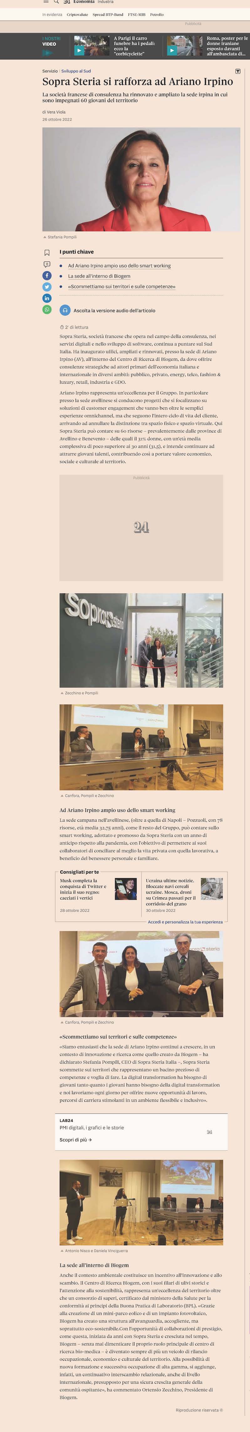 Sopra Steria si rafforza ad Ariano Irpino La società francese di consulenza ha rinnovato e ampliato la sede irpina in cui sono impegnati 60 giovani del territorio